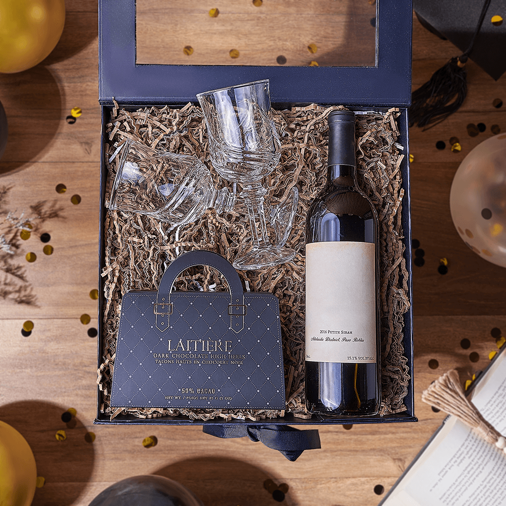 Premium Wine & Laitière Chocolate Graduation Gift Box – how the gift is presented
