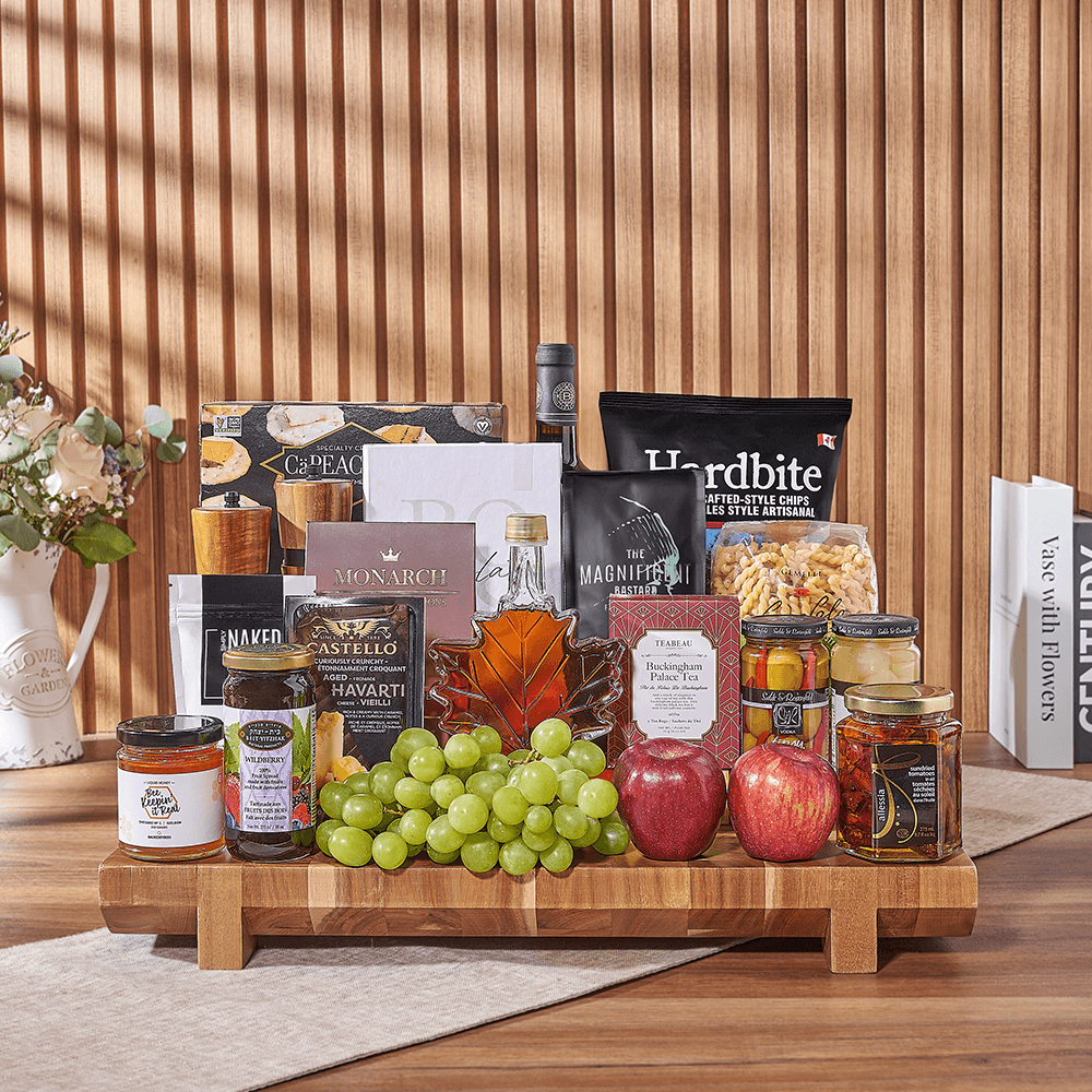 Premium Kosher Wine Basket with Assorted Gourmet Treats and Wooden Cutting Board – how the gift is presented