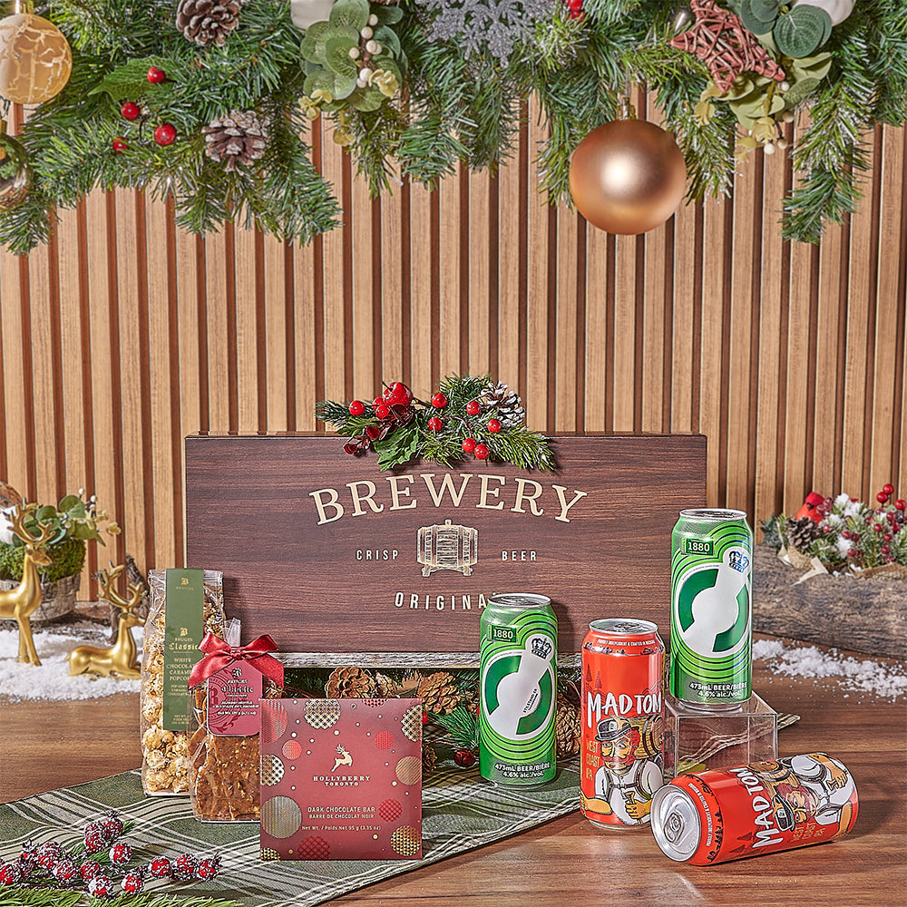Brewery Wooden Box Beer Gift Basket Featuring Dark Chocolate and Craft Beers – how the gift is presented