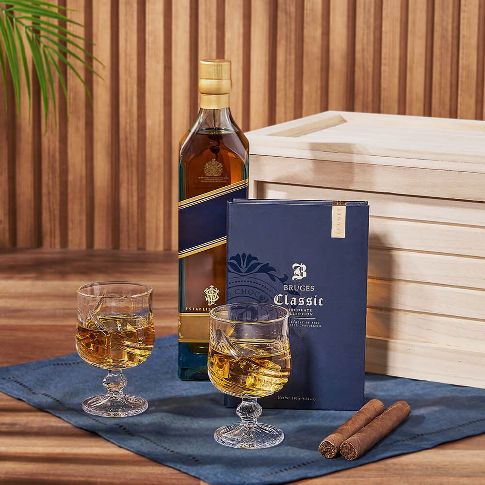 Premium Liquor and Cigar Wooden Crate Gift Basket with Chocolates – how the gift is presented