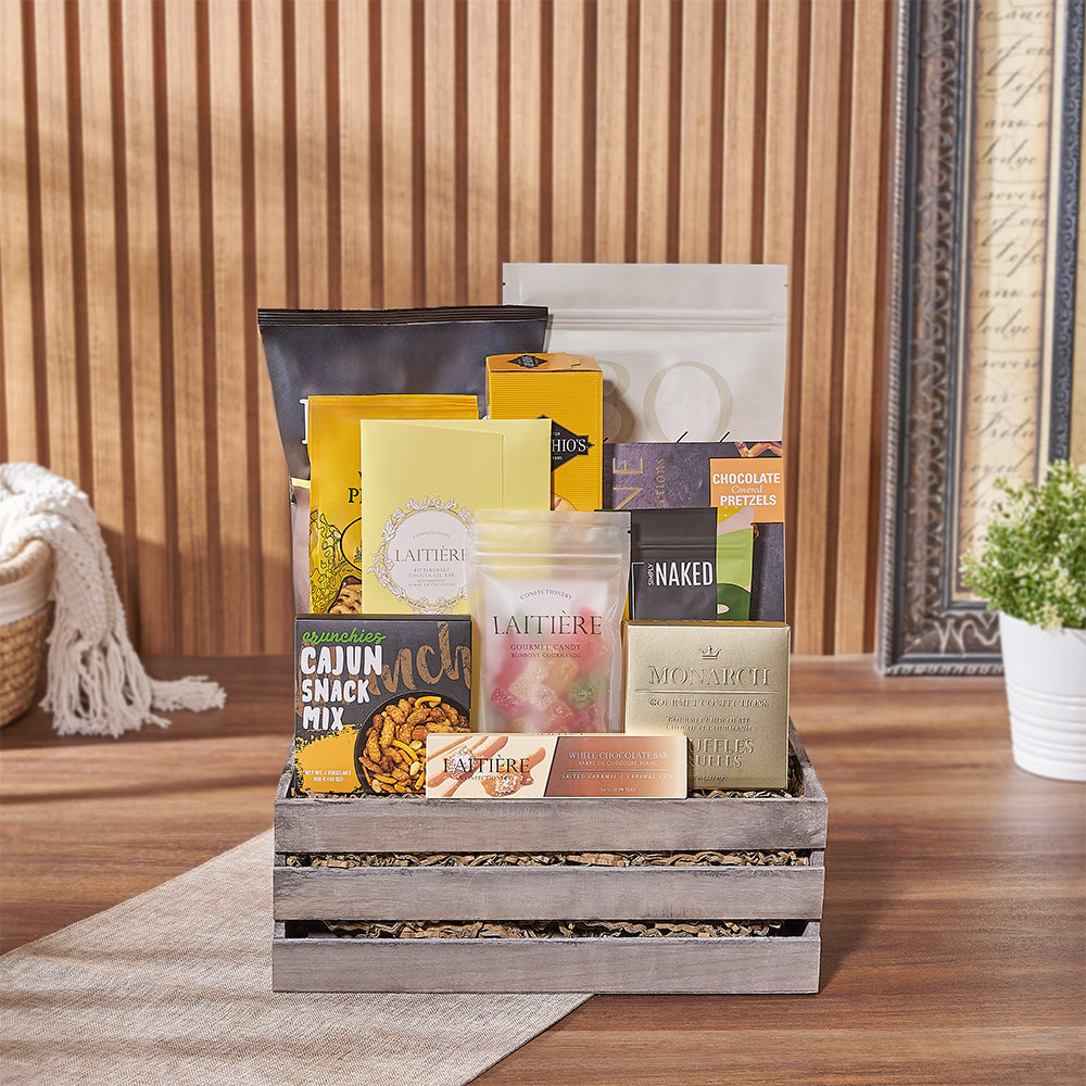 Gourmet Snack Collection in Medium Grey Wooden Crate – how the gift is presented