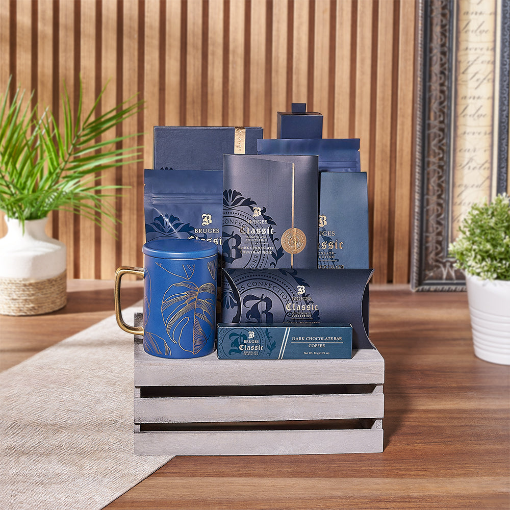Bruges Dark Chocolate Gourmet Gift Basket with Mug – how the gift is presented