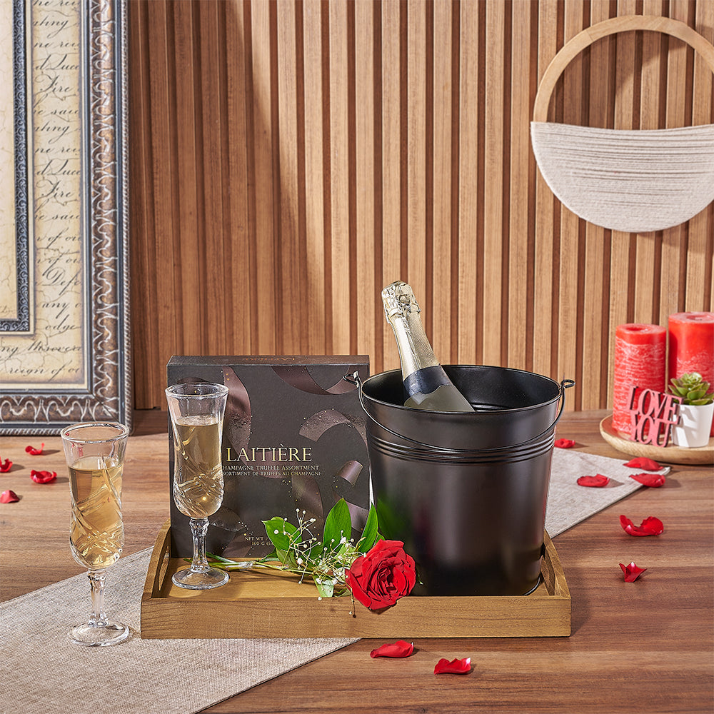 Valentine’s Sparkling Wine and Truffle Gift in Black Metal Container – how the gift is presented