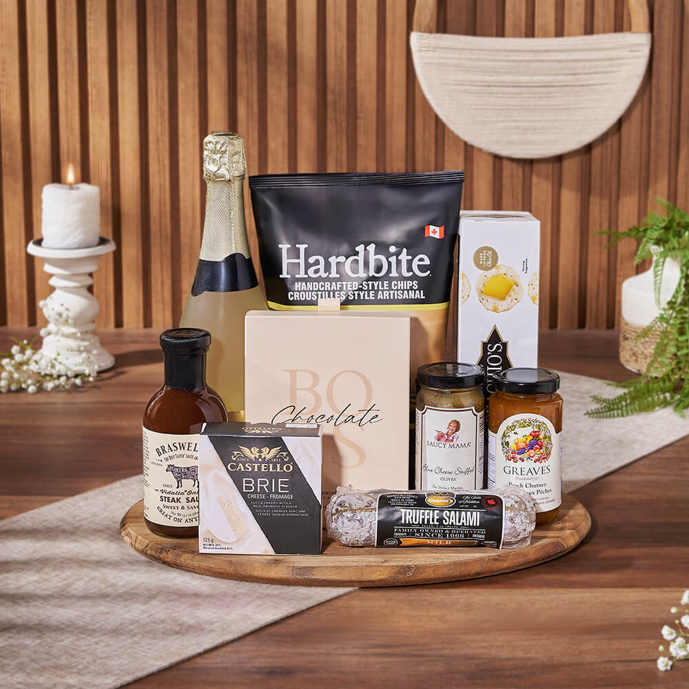 Sparkling Wine and Gourmet Food Gift Basket – how the gift is presented