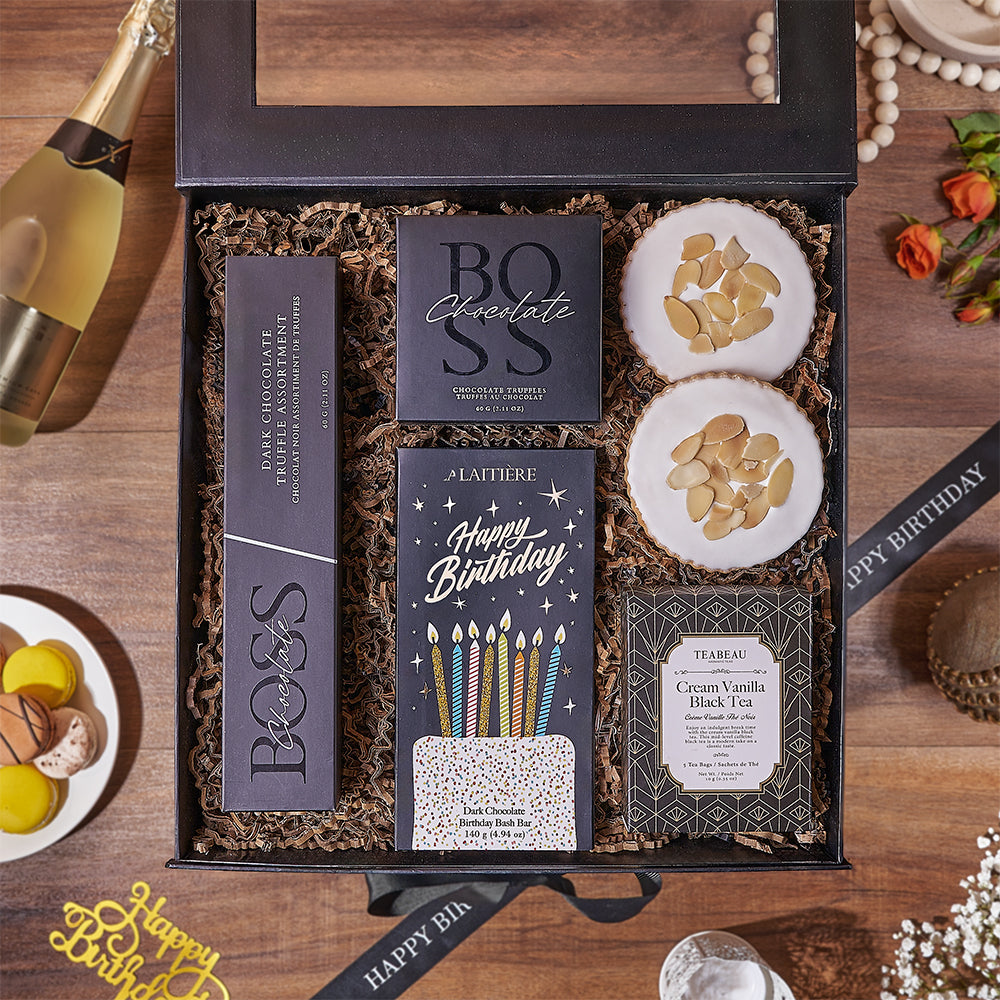 Dark Chocolate Birthday Bash Dessert Box with Tea – how the gift is presented