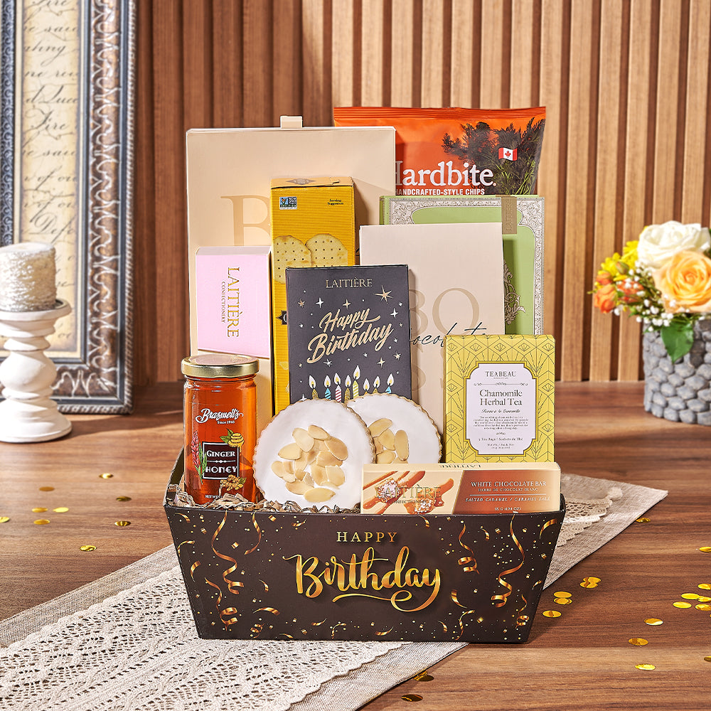 Elegant Happy Birthday Gourmet Snack Tray Gift Basket – how the gift is presented