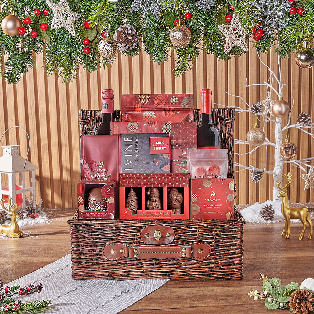 Holiday Wicker Picnic Basket Featuring Two Bottles of Wine and Assorted Snacks – how the gift is presented