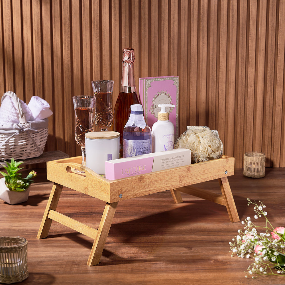 Sparkling Wine and White Chocolate Truffle Gift Basket with Lavender Spa Set – how the gift is presented