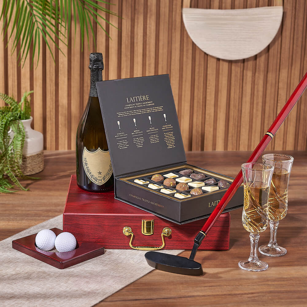 Golf Putting Practice and Sparkling Wine Basket with Chocolate Truffles – how the gift is presented