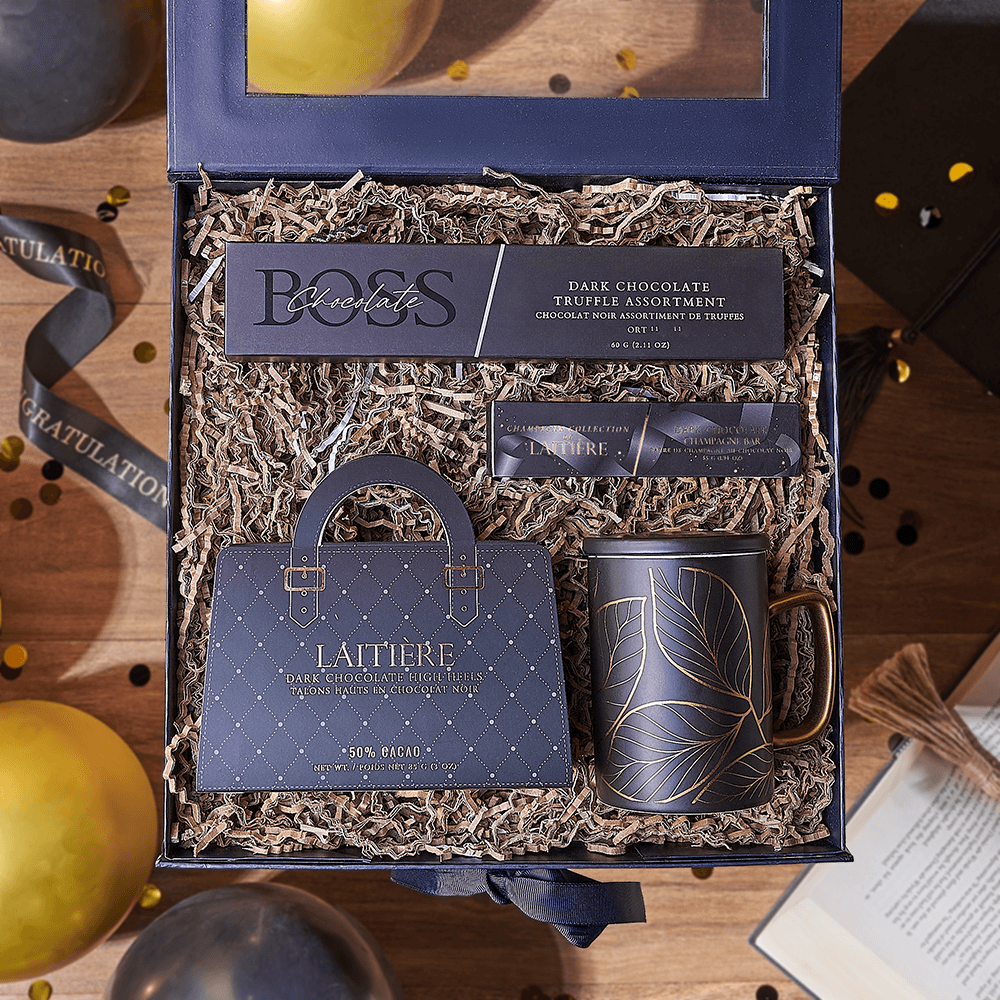 Graduation Gift Basket Featuring Dark Chocolate Delights and Blue Box – how the gift is presented