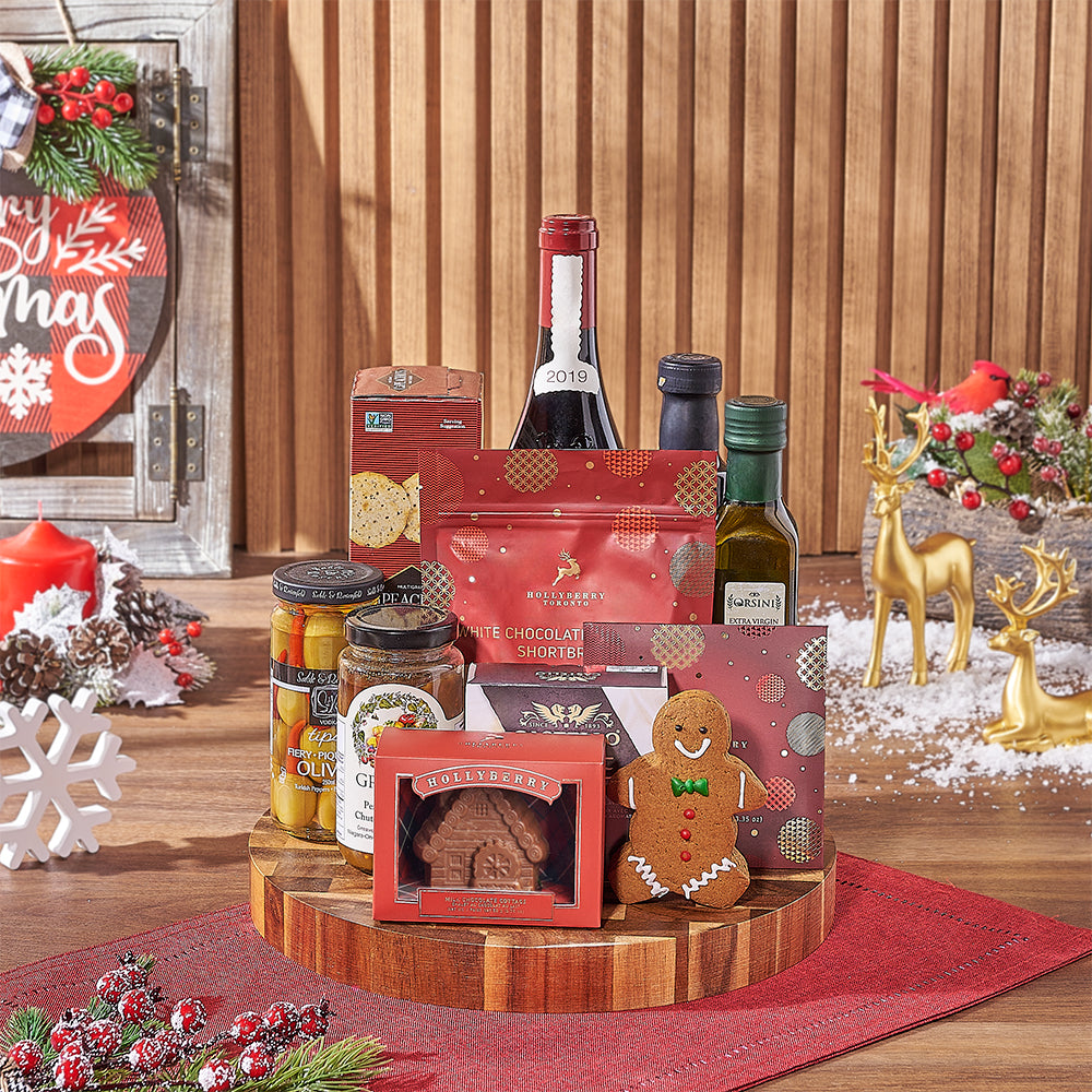 Red Wine Christmas Gift Board Featuring Dark Chocolate and Gourmet Snacks – how the gift is presented
