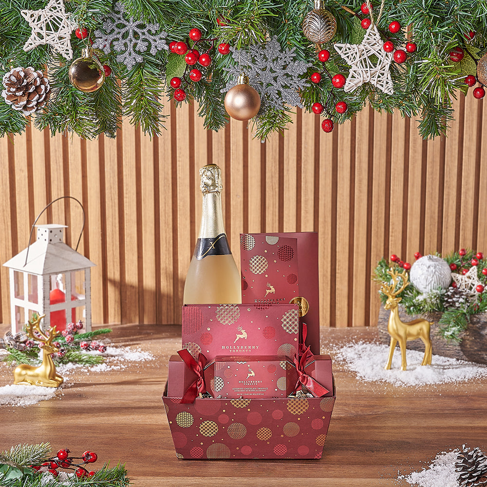 Holiday Sparkling Wine Gift Tray with Hollyberry Chocolate Assortment – how the gift is presented