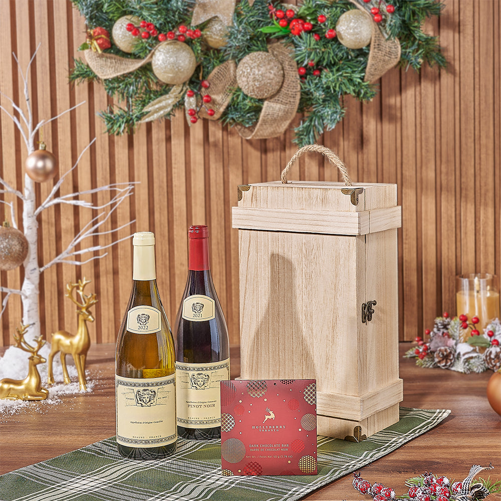 Refined Wine and Gourmet Dark Chocolate Gift Set in Wood Box – how the gift is presented