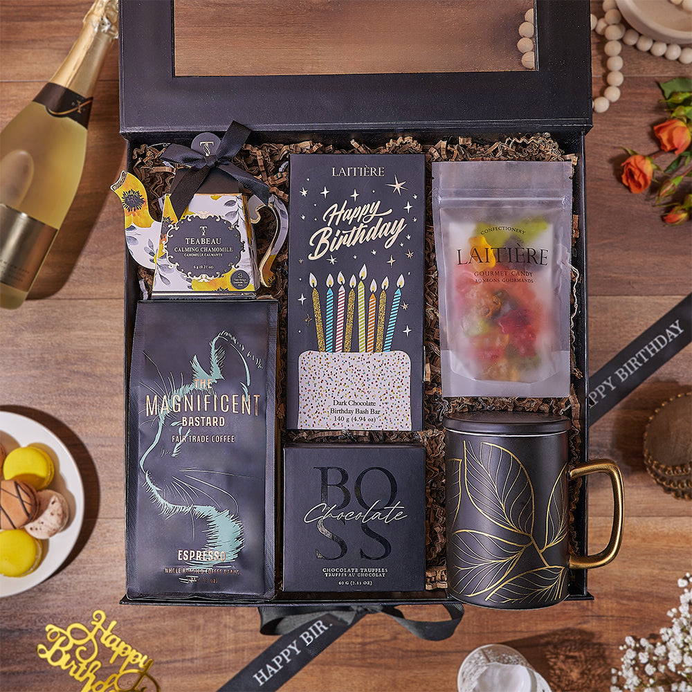 Birthday Coffee and Dark Chocolate Gift Basket – how the gift is presented