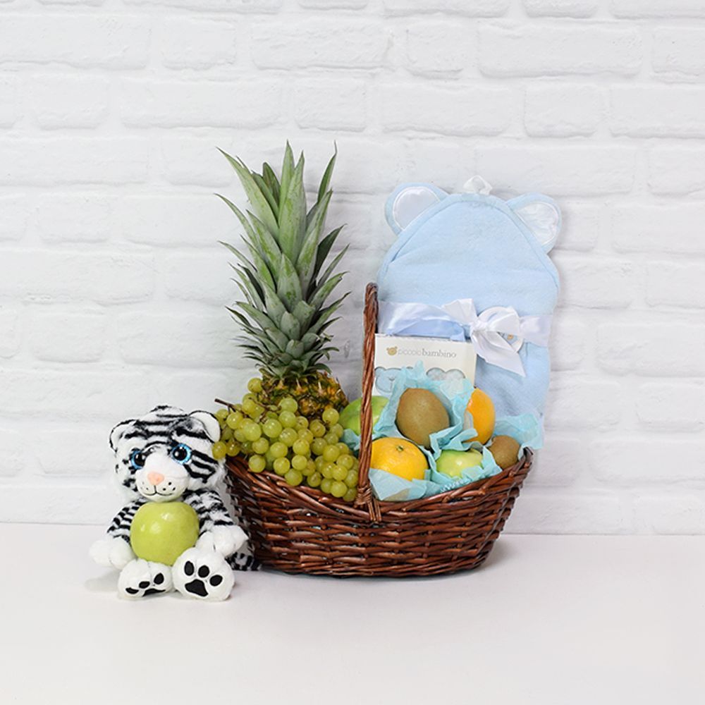 Premium Baby Basket in Willow with Blue Terry Cloth & Fruit – how the gift is presented
