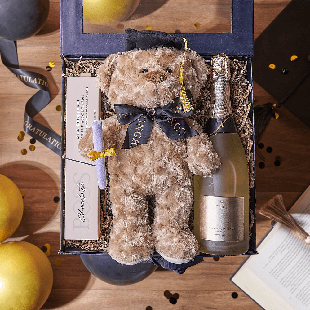 Sparkling Wine Graduation Gift Box with Plush Bear and Chocolate – how the gift is presented