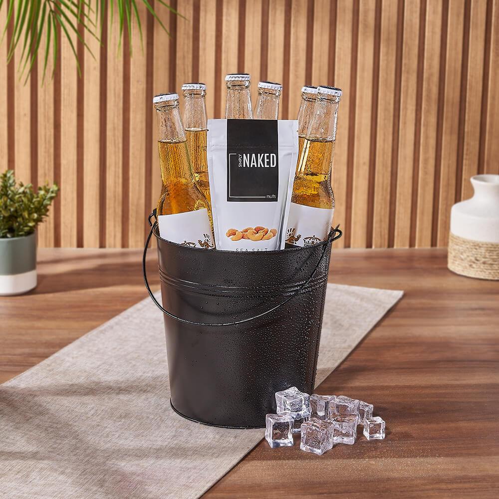 Black Metal Bucket with Corona Beer and Simply Naked Nuts Cashews – how the gift is presented