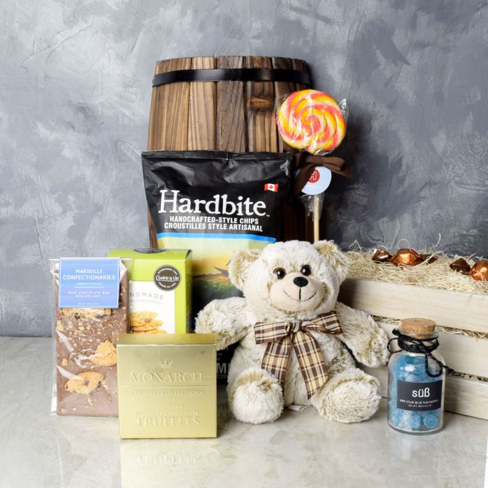 Elegant Jamie Bear Gift Crate Featuring Monarch Chocolates and Specialty Snacks – how the gift is presented