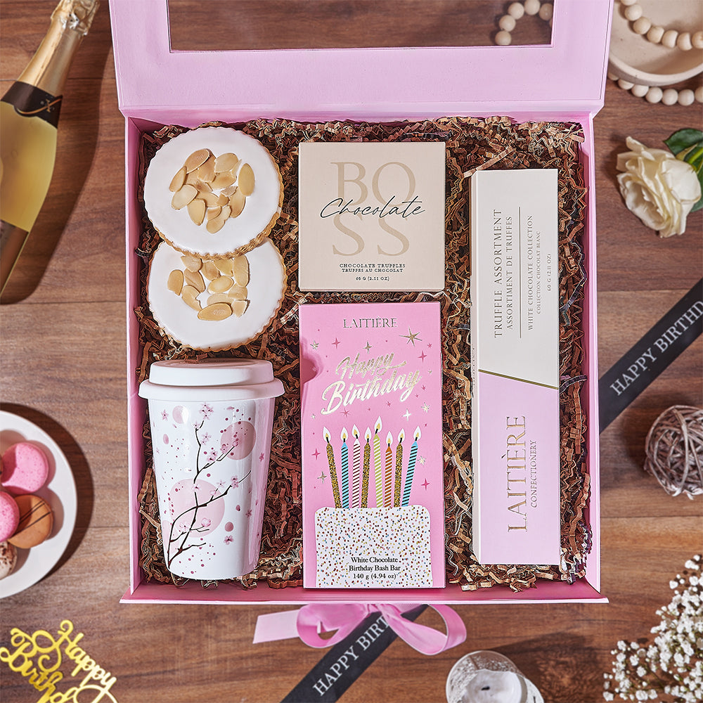 Birthday Celebration Chocolate Gift Box with Travel Cup – how the gift is presented