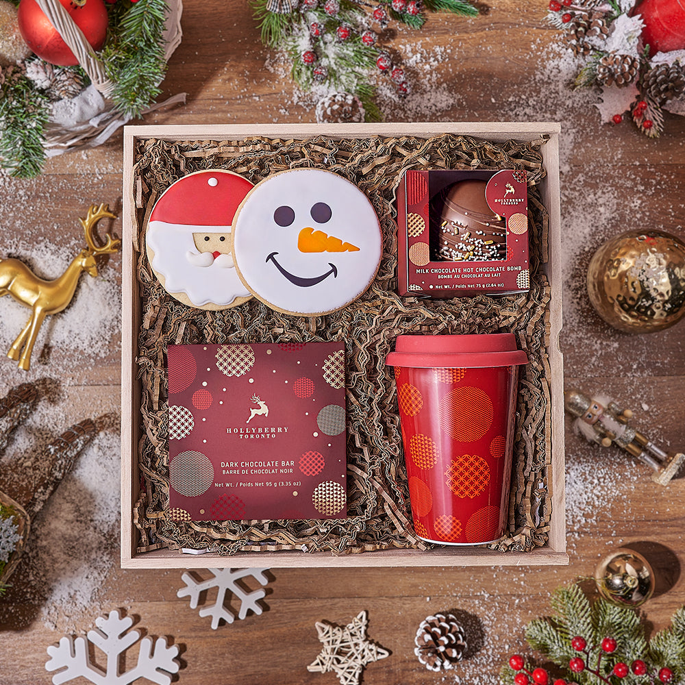 Holiday Hot Chocolate and Cookie Wooden Box Gift Basket – how the gift is presented