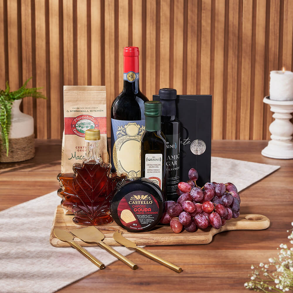 Premium Wine Gift Basket Featuring Maccheroni Pasta & Olive Oil – how the gift is presented