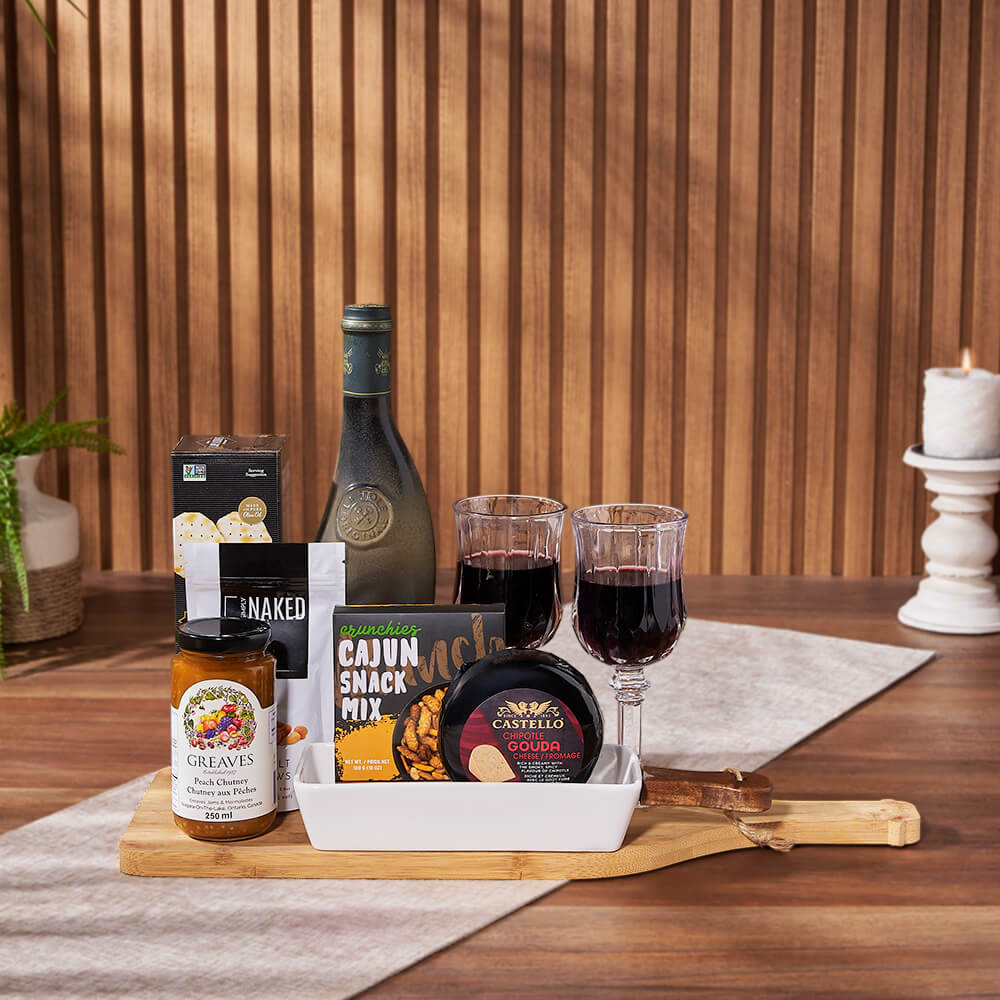 Refined Wine Gift Basket Featuring Capeachio's Crackers and Castello Cheese – how the gift is presented