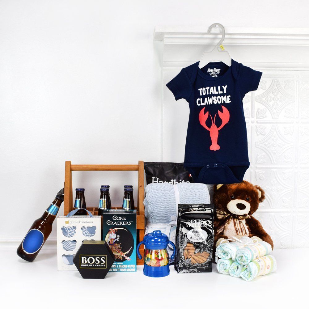 Premium Baby Shower Gift Basket Featuring Labatt Blue Beer and Baby Apparel – how the gift is presented