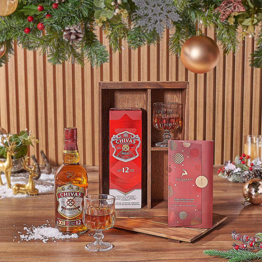Wooden Decanter Box Whiskey Gift Basket with Dark Chocolate – how the gift is presented