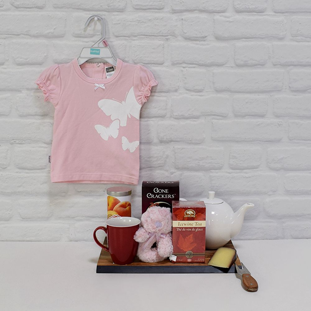 Newborn Baby Girl Gourmet Basket with Plush Rattle and Teapot – how the gift is presented