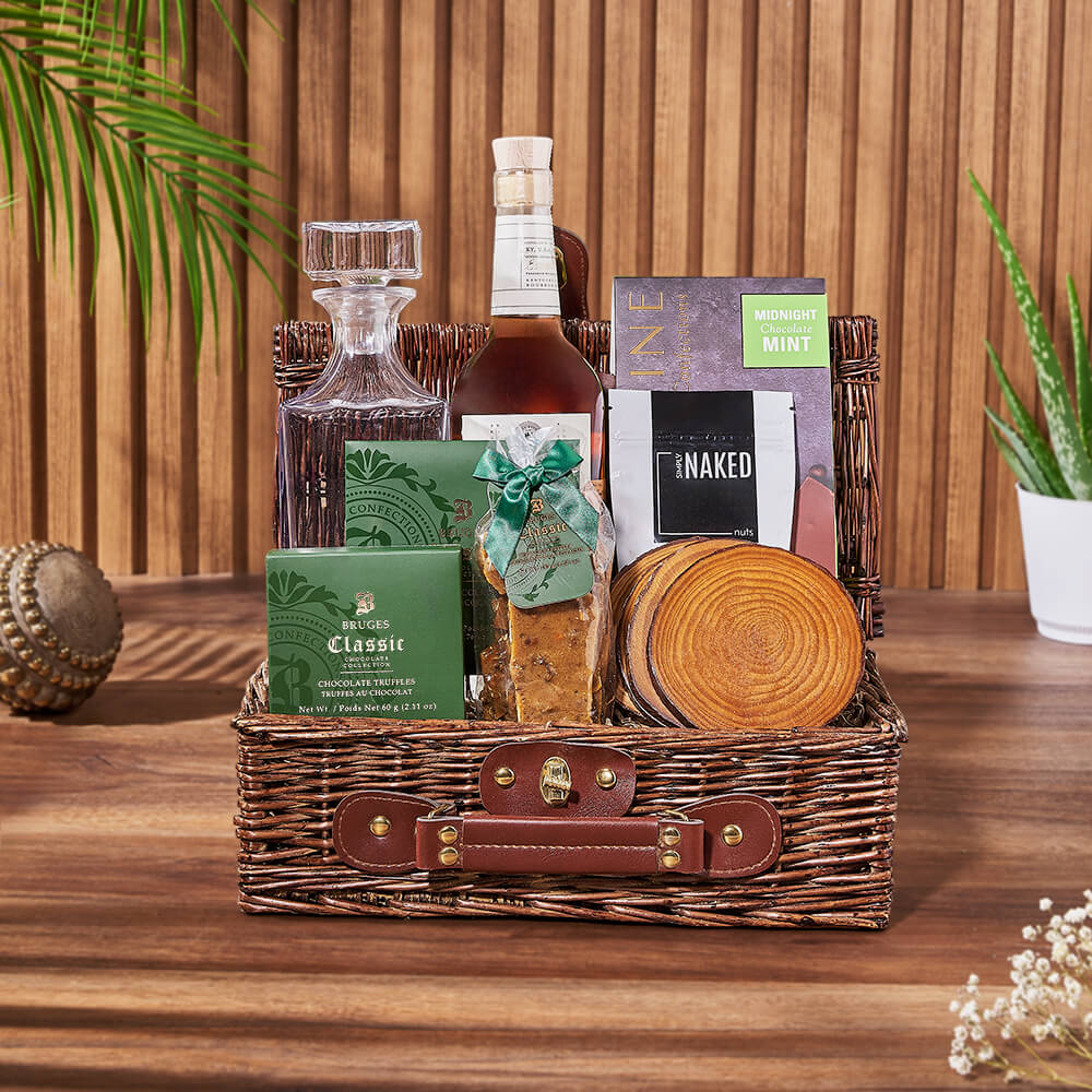 Whiskey Gift Basket with Decanter, Chocolates, and Nut Selection – how the gift is presented