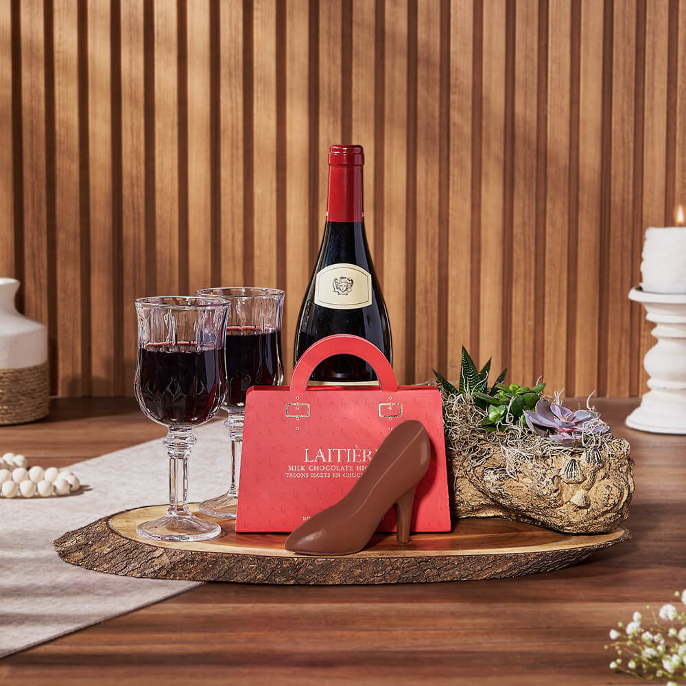 Wine Gift Basket with Succulent Garden and Milk Chocolate – how the gift is presented