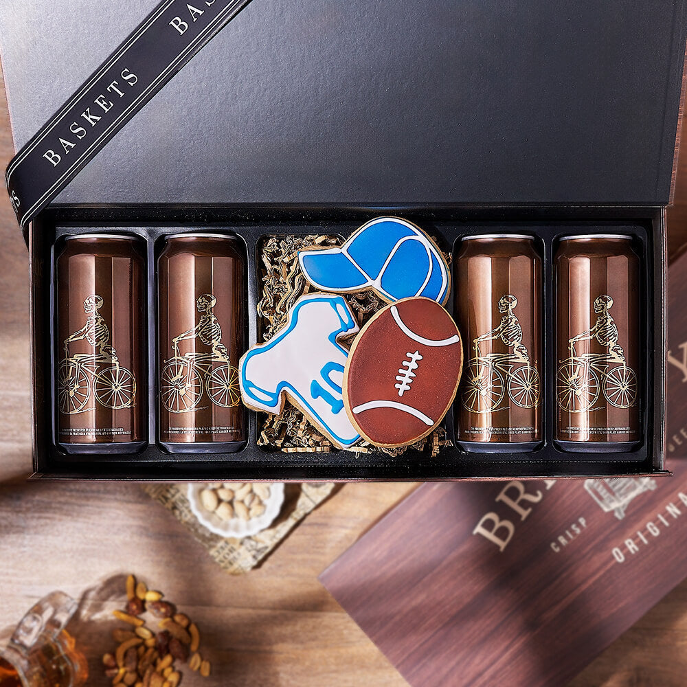 Wooden Beer Can Box with Four Craft Beers and Football Cookies – how the gift is presented