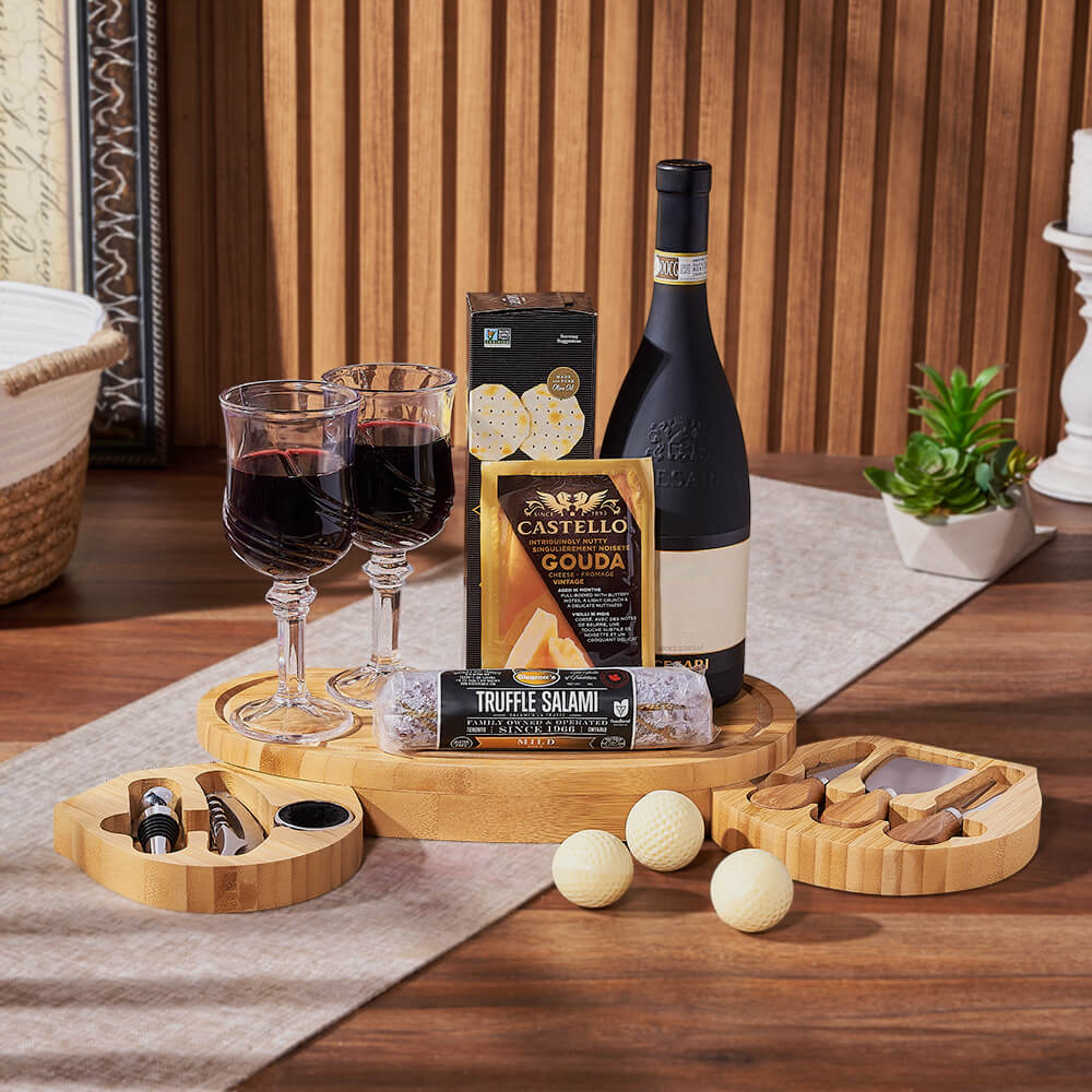Deluxe Wine and Gourmet Cheese Gift Basket with Golf Theme – how the gift is presented