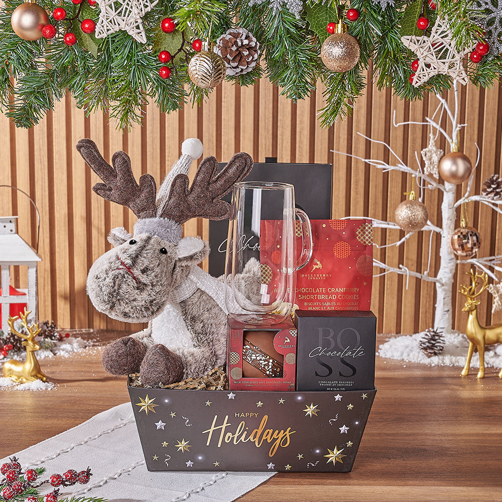 Seasonal Assorted Chocolate Truffles with Reindeer Plush Gift Set – how the gift is presented