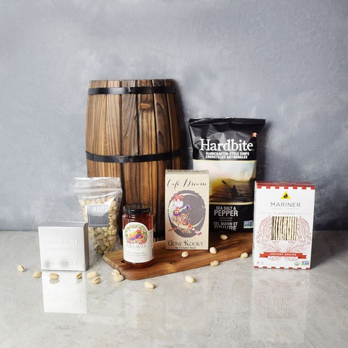 Monarch Chocolate and Acacia Wood Board Gourmet Gift Basket – how the gift is presented