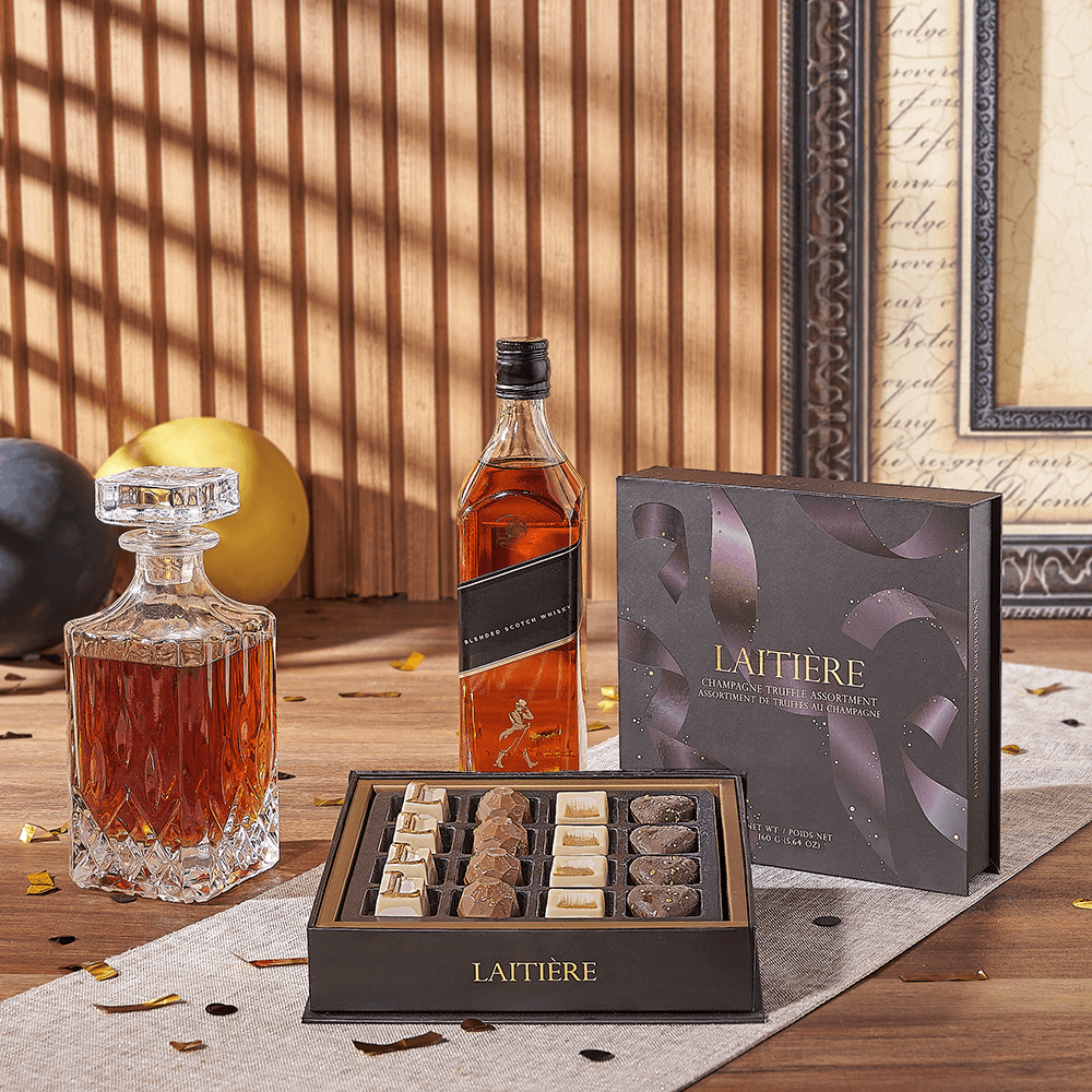 Graduation Whiskey Gift Basket with Laitière Truffles and Glass Decanter – how the gift is presented