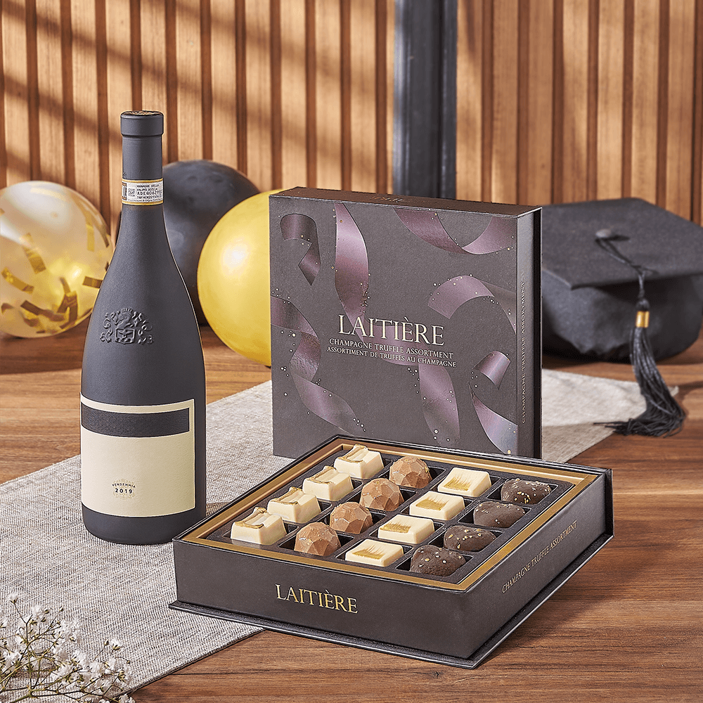 Gourmet Laitière Chocolate Truffles Basket for Graduation – how the gift is presented