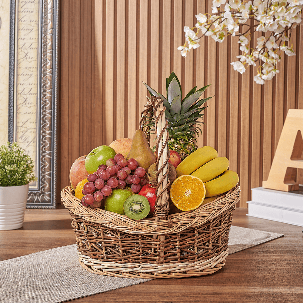 Halal Fresh Fruit Gift Basket in Large Two-Tone Wicker – how the gift is presented