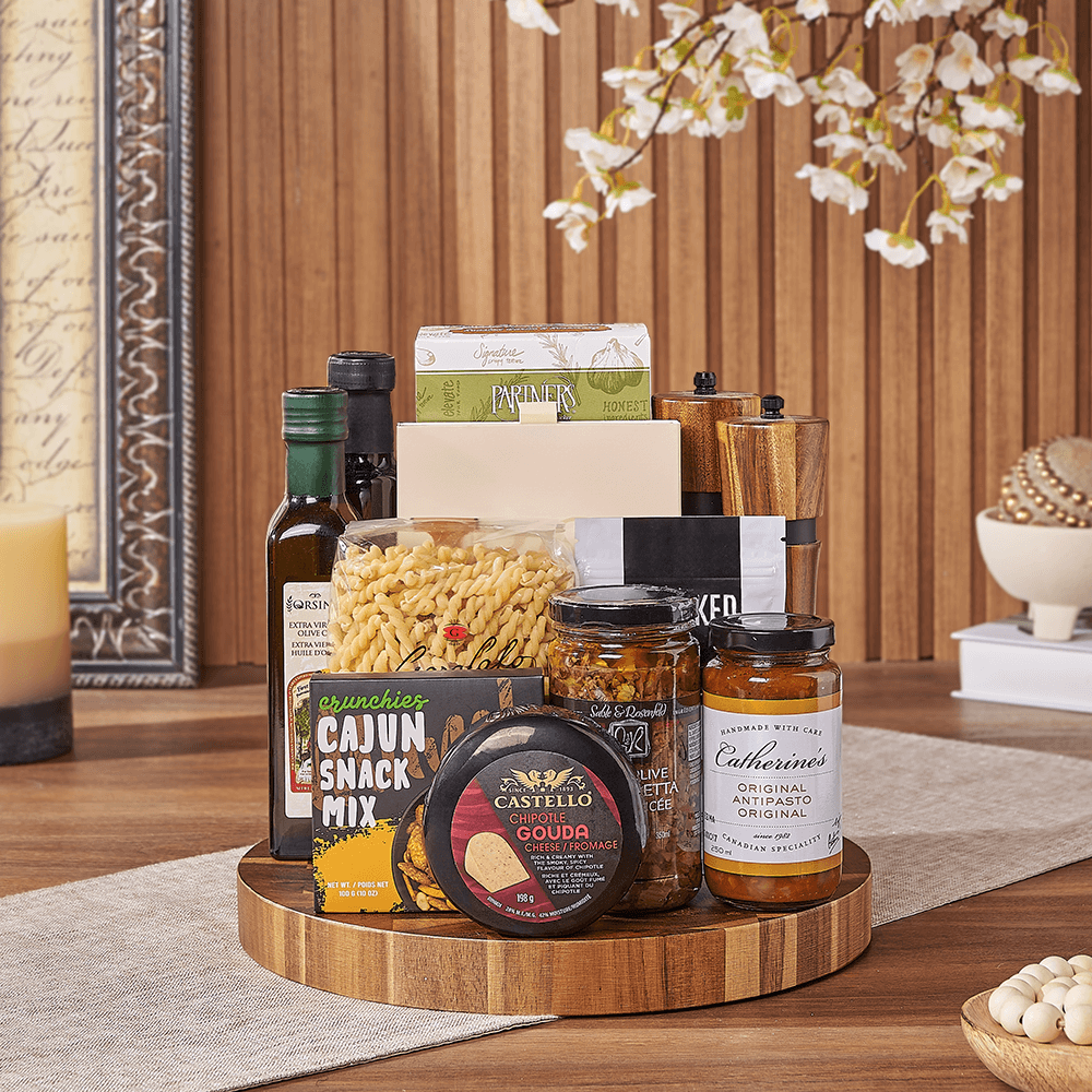 Halal Gourmet Pasta Gift Board with Acacia Wood Cutting Board – how the gift is presented
