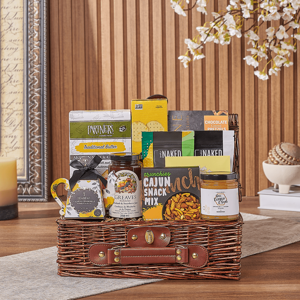 Halal Gourmet Snack Gift in Large Rectangular Wicker Basket – how the gift is presented