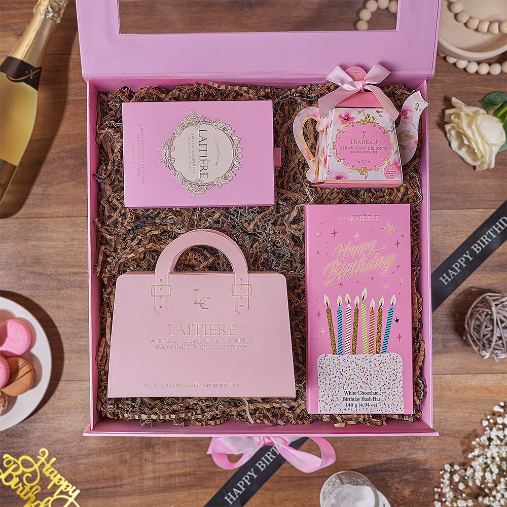 Luxury White Chocolate and Tea Birthday Gift Basket – how the gift is presented