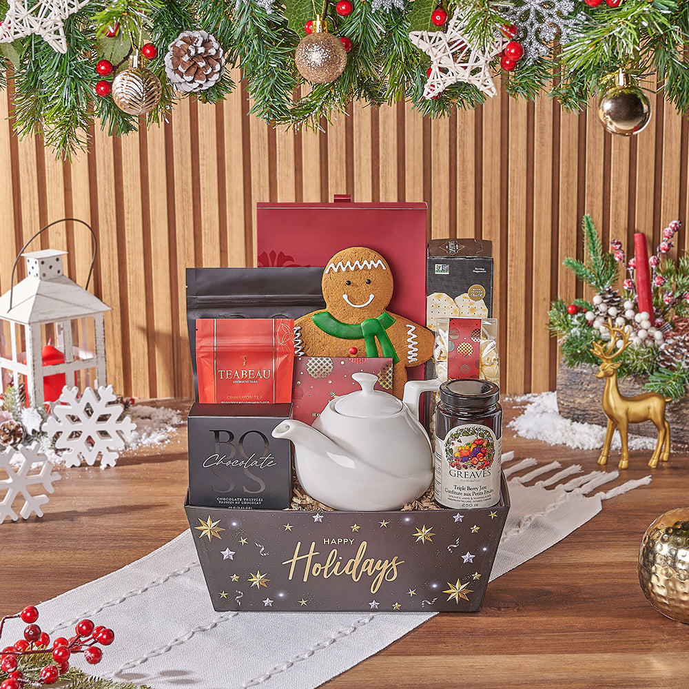 Festive Gourmet Chocolate and Tea Tray Gift Basket – how the gift is presented