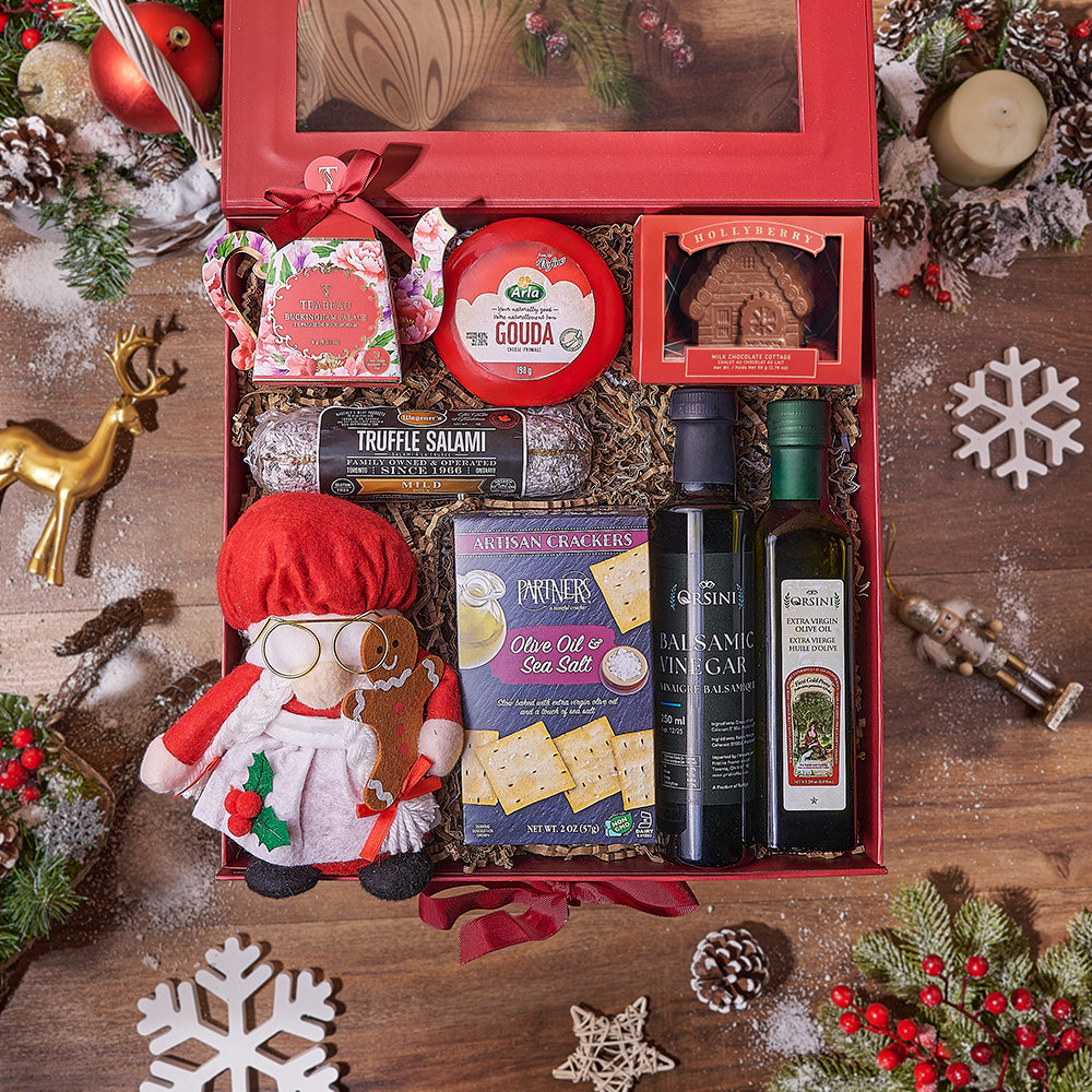 Holiday Gourmet Delight Gift Basket with Tea, Cheese & Salami – how the gift is presented