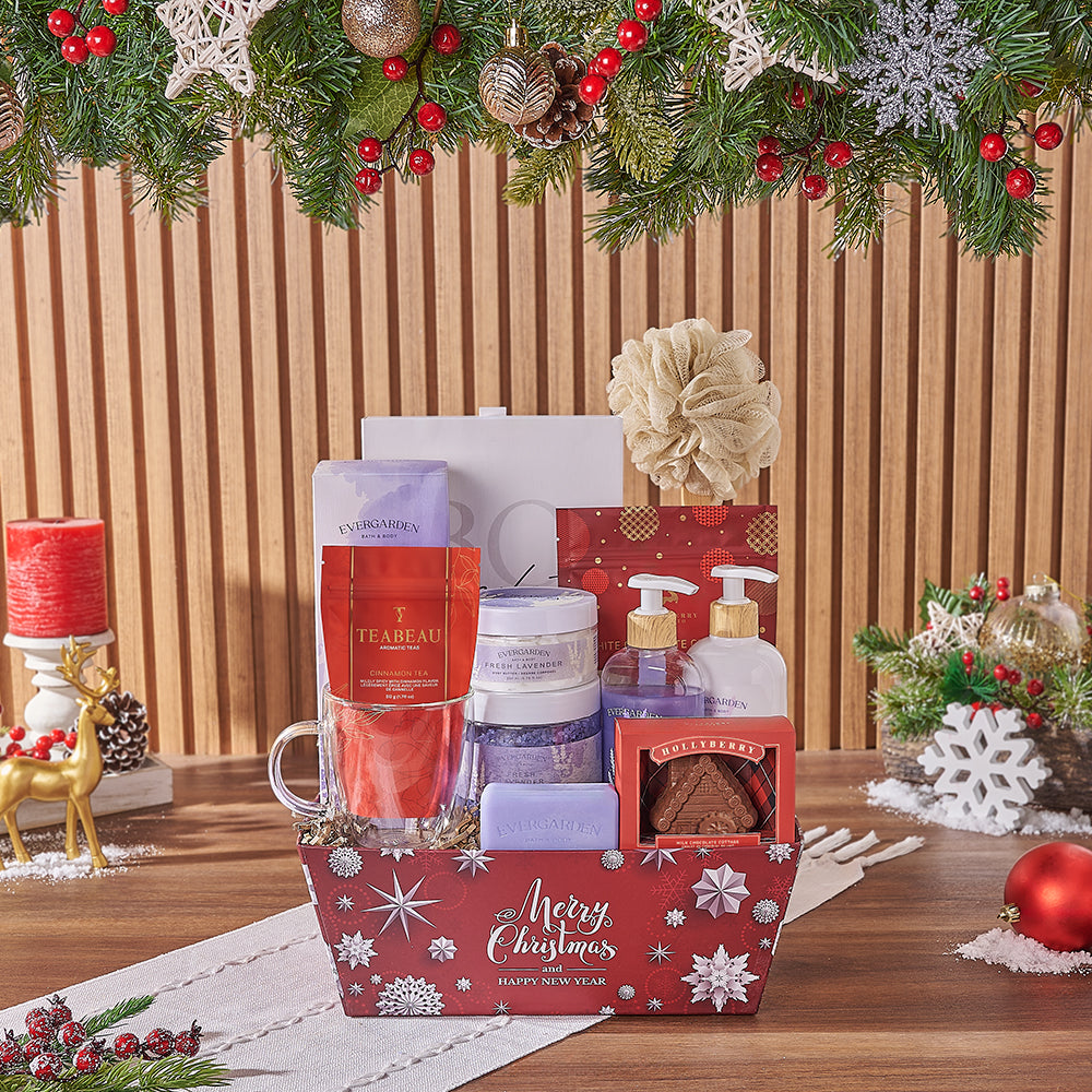 Holiday Spa Gift Basket with White Chocolate Truffles – how the gift is presented