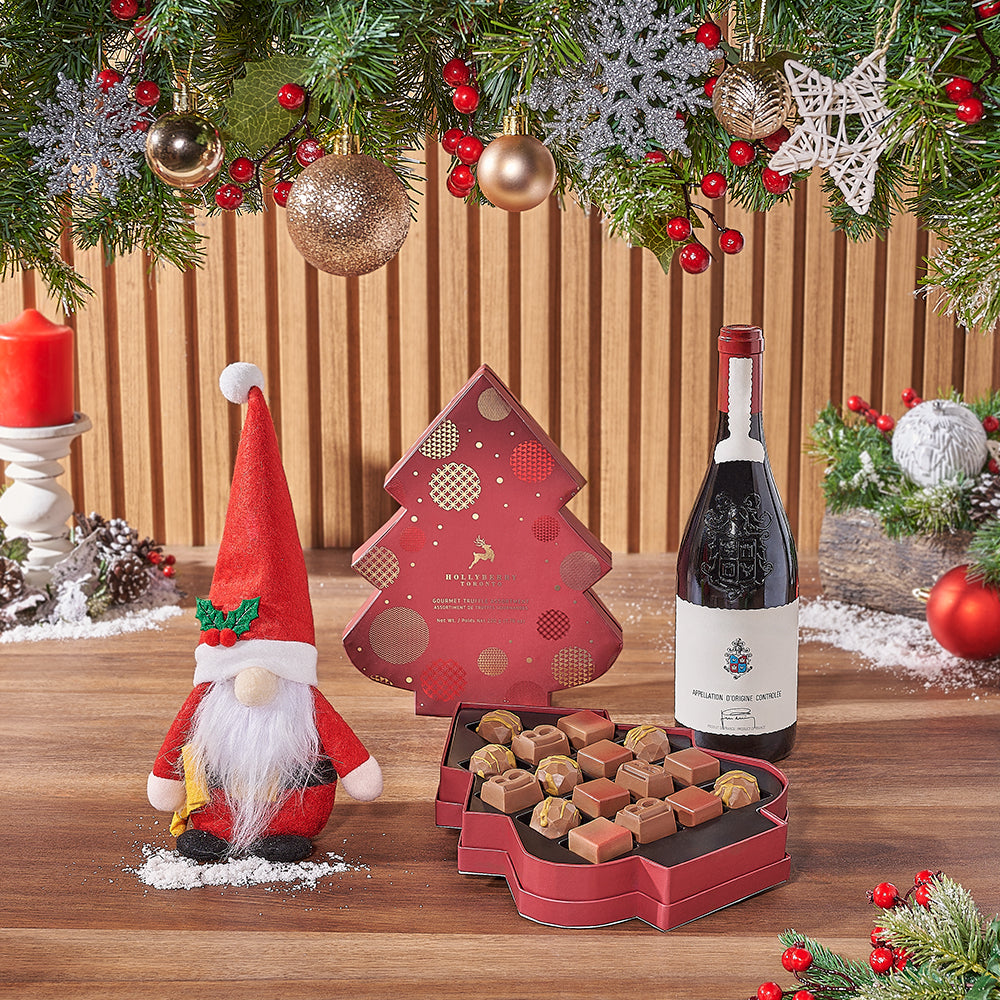 Premium Wine Basket with Christmas Tree Truffles and Plush Santa – how the gift is presented