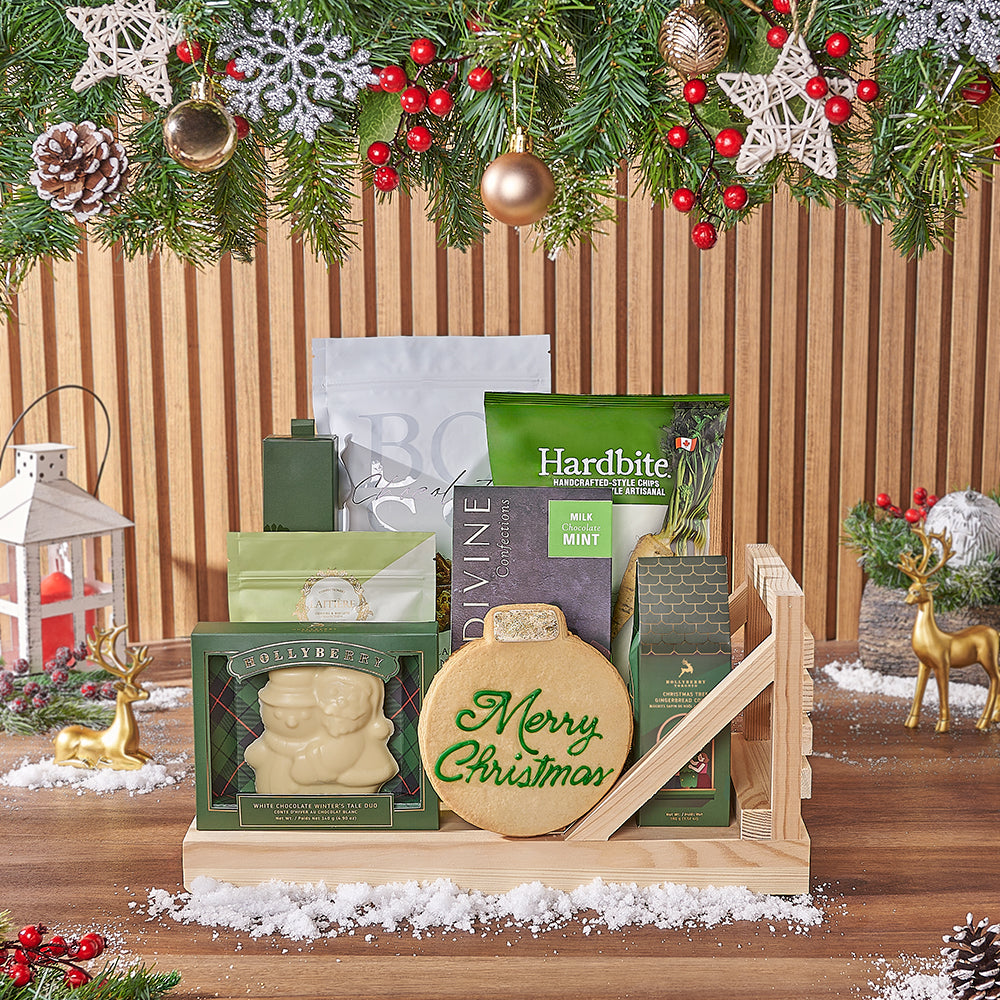 Holiday White Chocolate Treats Gift Basket in Pine Wood Sleigh – how the gift is presented