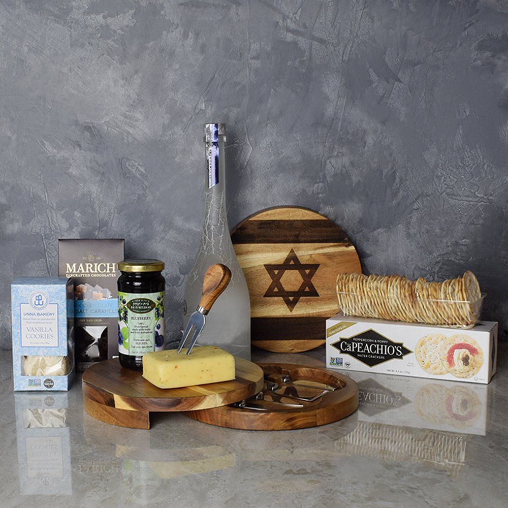 Premium Liquor Gift Basket with Vodka and Gourmet Cheese Selection – how the gift is presented
