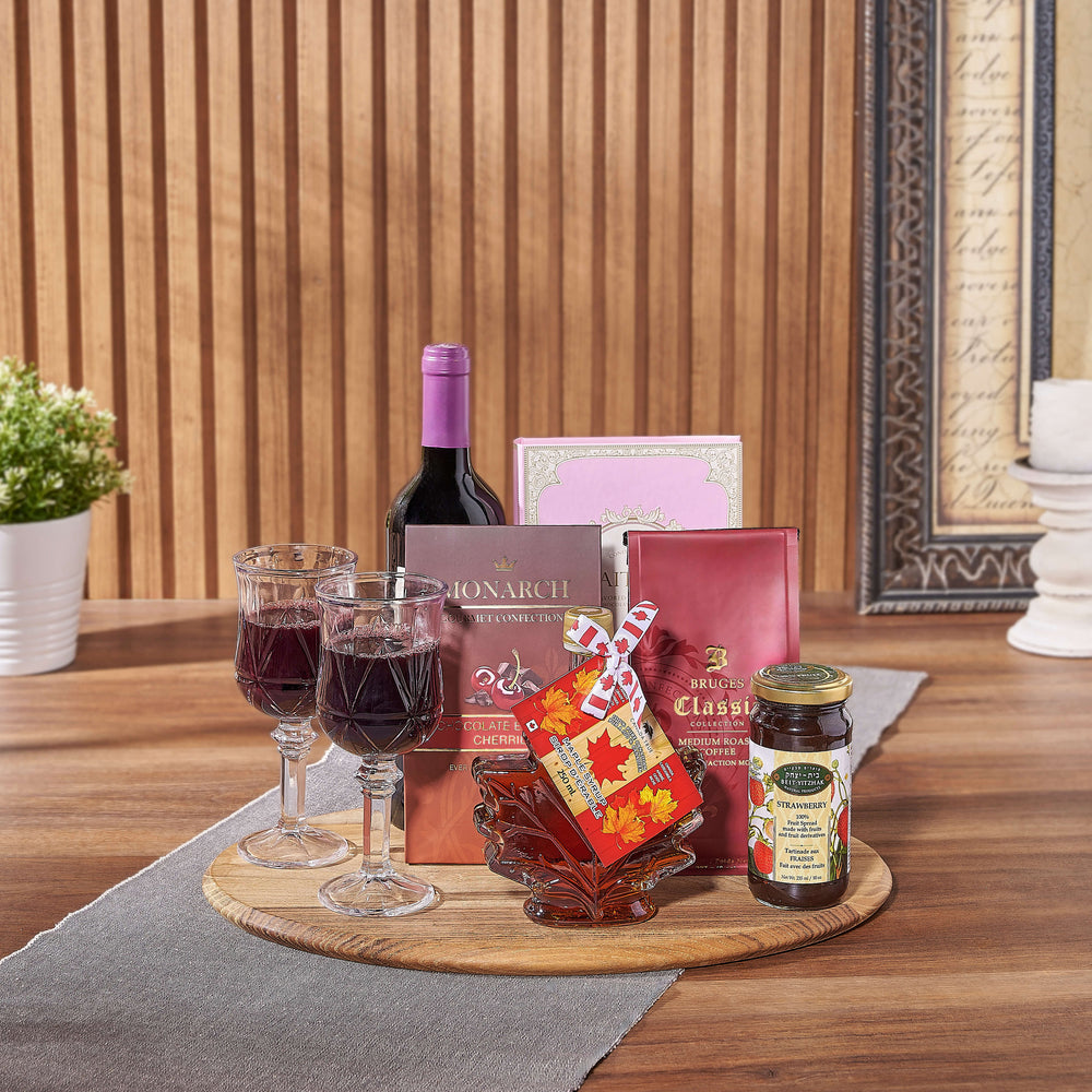Deluxe Kosher Wine Gift Basket with White Chocolate and Maple Syrup – how the gift is presented