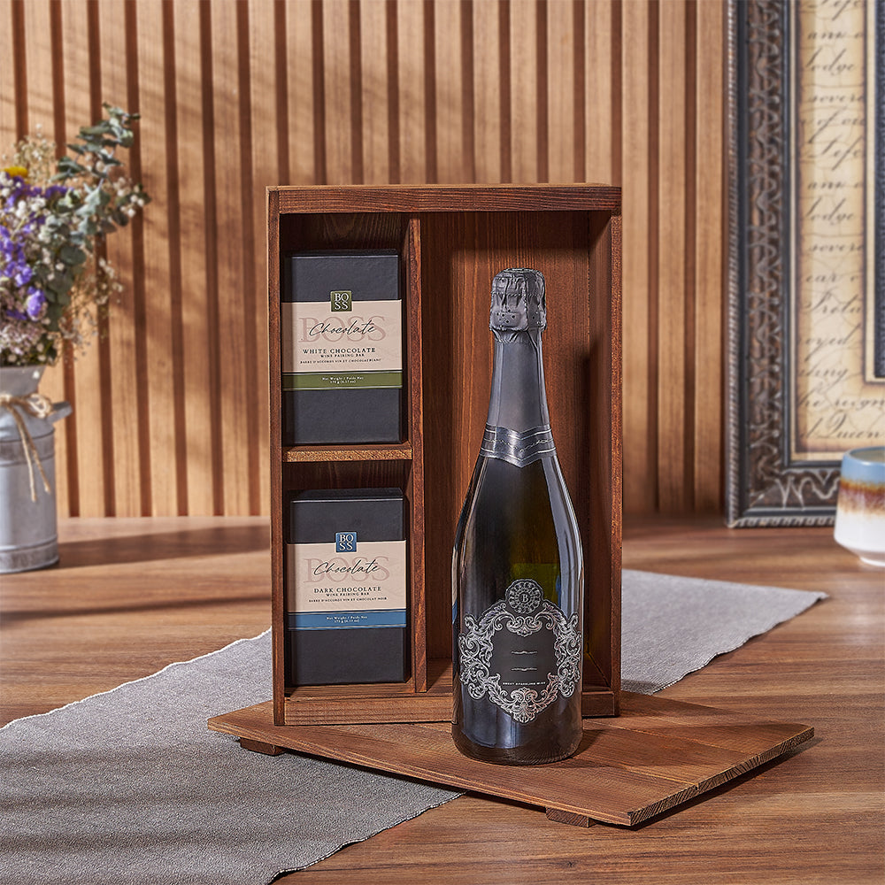 Gift Box of Kosher Sparkling Wine with Boss Chocolate Pairing Bars – how the gift is presented