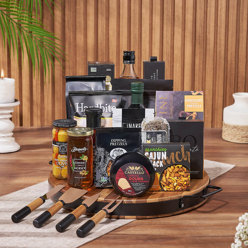 Premium Liquor Gift Basket with Cheese Platter and Truffles – how the gift is presented